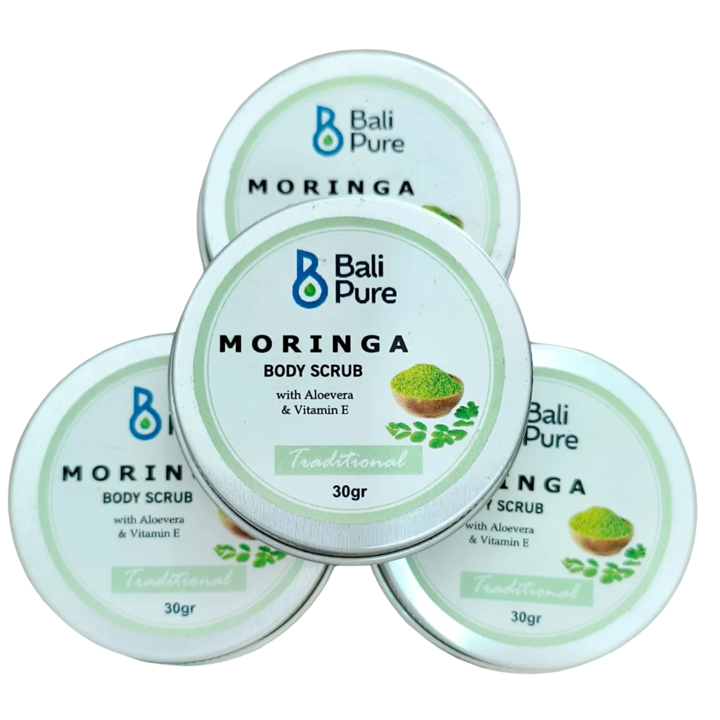 Four 30g doses of Bali Pure Moringa Body Scrub with Aloevera & Vitamin E