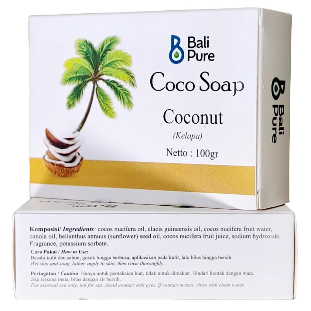 Bali Pure Cocoa Soap Coconut 100g on top of another soap