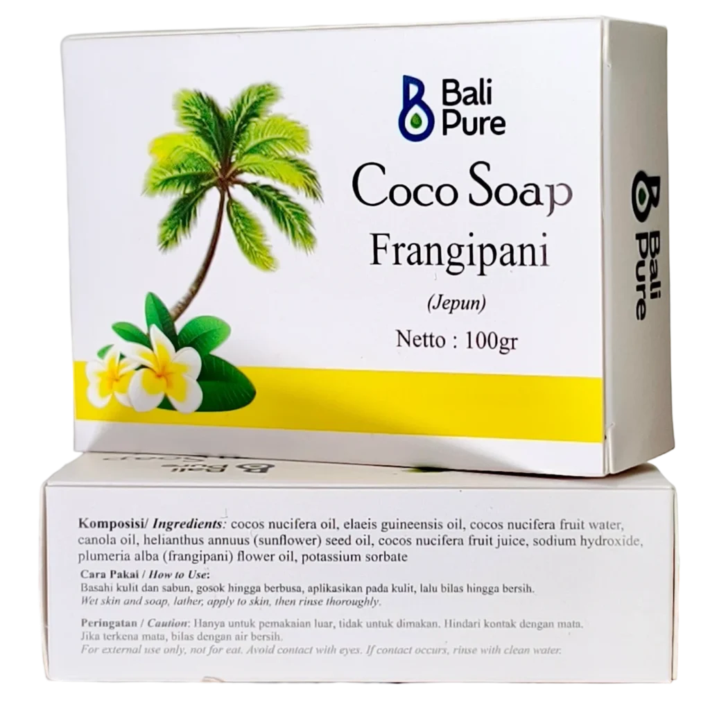 Bali Pure Cocoa Soap Frangipani 100g on top of another soap