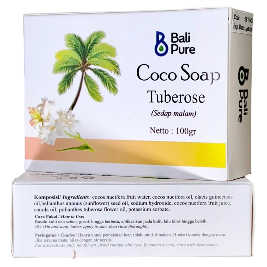 Bali Pure Cocoa Soap Turberose 100g on top of another soap