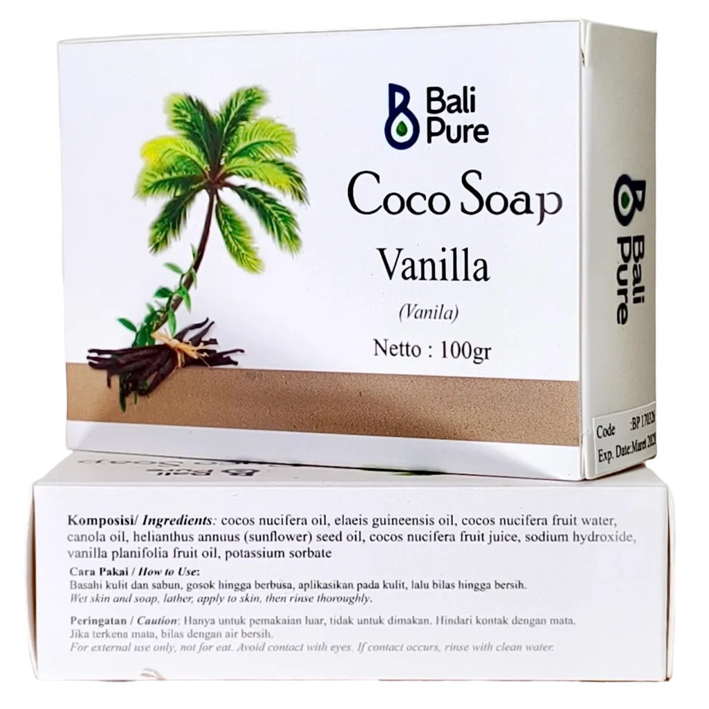 Bali Pure Cocoa Soap Vanilla 100g on top of another soap