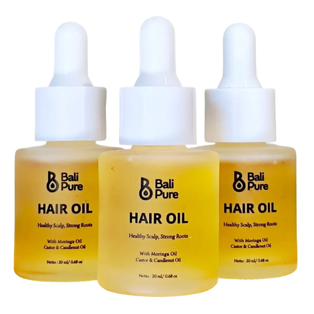 Three small 20ml bottles of Bali Pure Hail Oil with Moringa Oil & Candlenut Oil