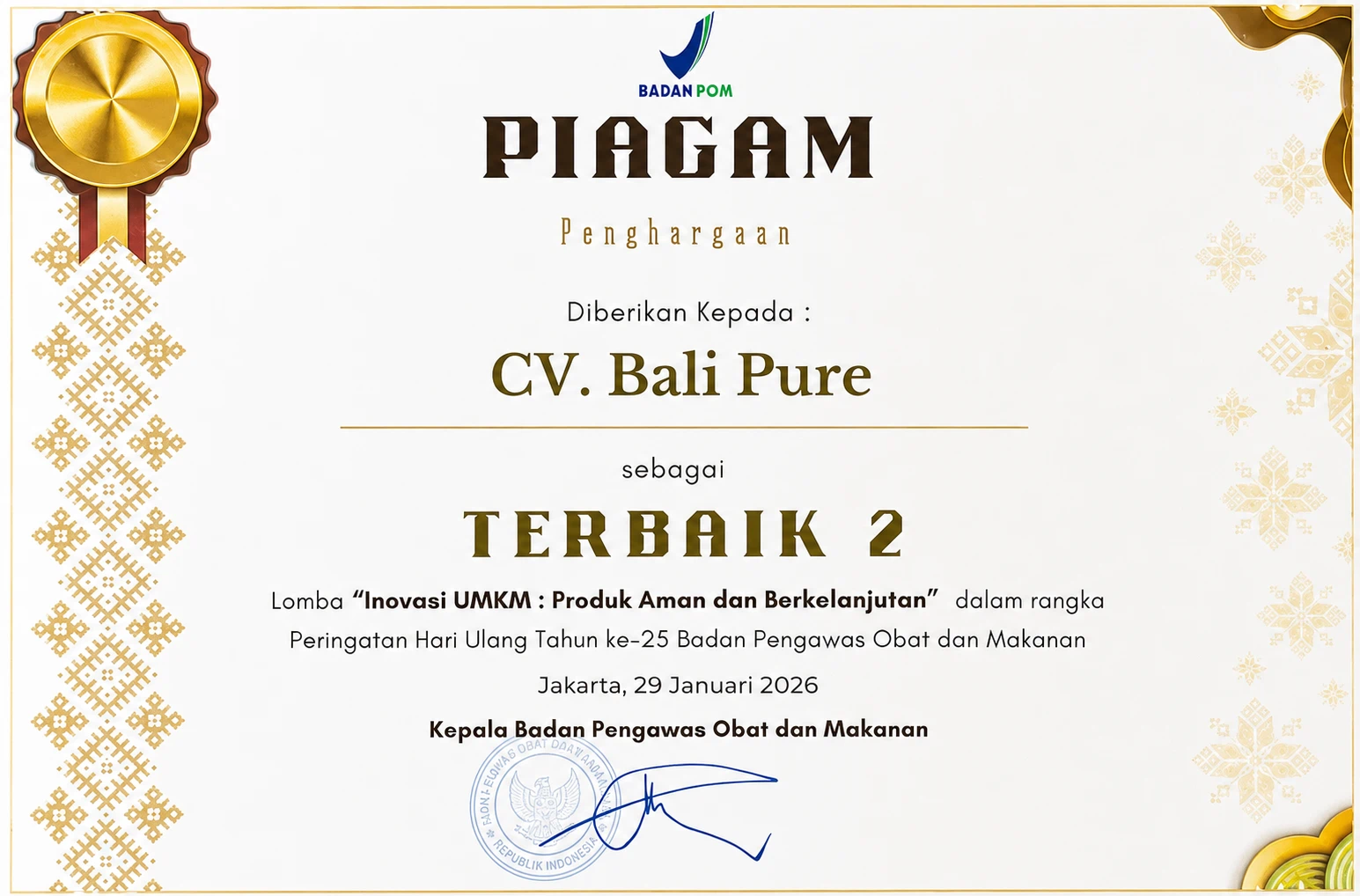 Bali Pure Inovasi UMKM second best award